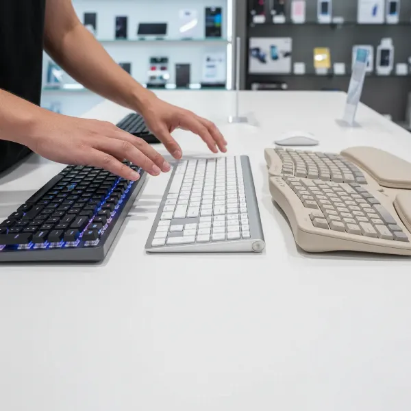 A person's hands trying out different wireless keyboards at a tech store, showcasing choices