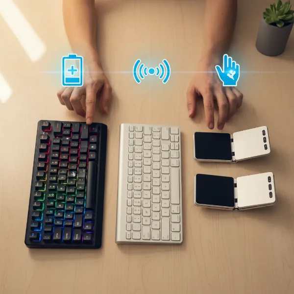 A person's hands are interacting with several wireless keyboards laid out, representing the decision-making process for choosing the right one, with icons for battery life, connectivity, and ergonomics floating above. 