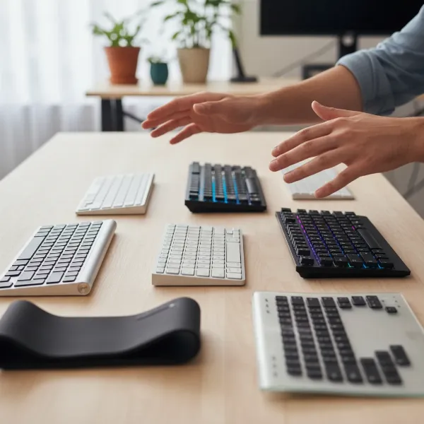 A person's hands evaluating different wireless keyboards laid out on a table
