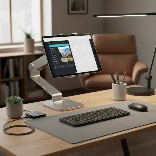A productive mobile workstation with a tablet on a mount and a wireless keyboard