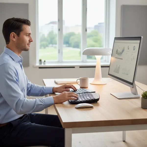 A person typing comfortably on an ergonomic wireless keyboard in a modern office setting, showcasing healthy posture and productivity