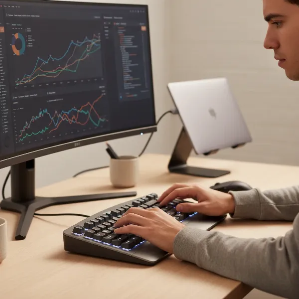 A professional working at a desk, elegantly interacting with a premium wireless keyboard, highlighting its ergonomic design and seamless integration with a high-end monitor and laptop.