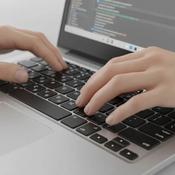 A close-up shot of hands typing on a laptop keyboard, highlighting the shallow key travel and compact layout typical of integrated laptop keyboards.