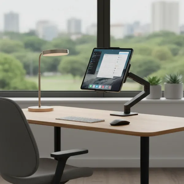 An ergonomic tablet mount holding a tablet at eye level on a tidy desk setup