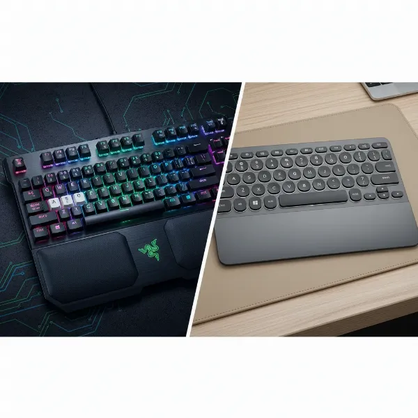 Illustration showcasing distinct types of wireless keyboards, highlighting a mechanical gaming keyboard with RGB next to a sleek, ergonomic office keyboard with a minimalist design.