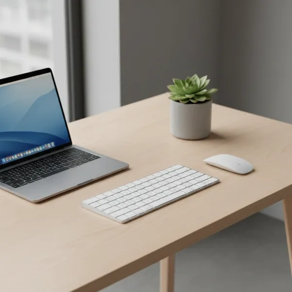 A sleek, minimalist desk setup featuring a white wireless keyboard, a laptop, and a small plant, emphasizing a clutter-free environment and modern aesthetics.