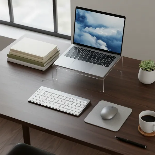 A sleek wireless keyboard on a modern, minimalist desk setup, illustrating a clutter-free workspace and ergonomic benefits.