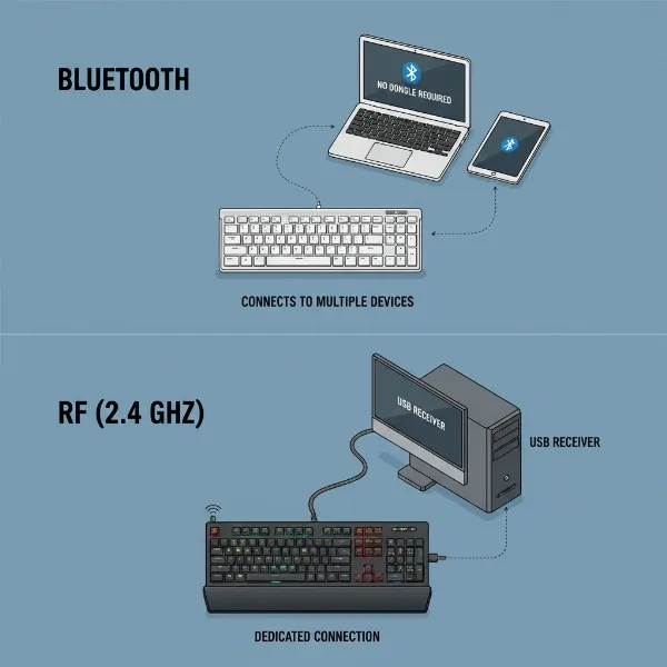 An illustrative infographic showing two distinct wireless keyboard connection methods: Bluetooth, represented by a sleek, dongle-free keyboard pairing with multiple devices, and RF (2.4 GHz), shown with a keyboard connected via a small USB dongle to a desktop PC. Clear visual differentiators for each.