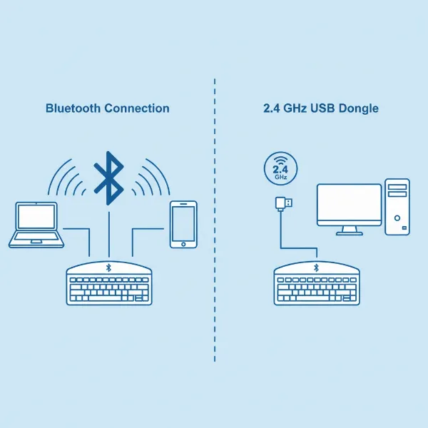 An infographic illustrating Bluetooth and 2.4 GHz RF wireless keyboard connections