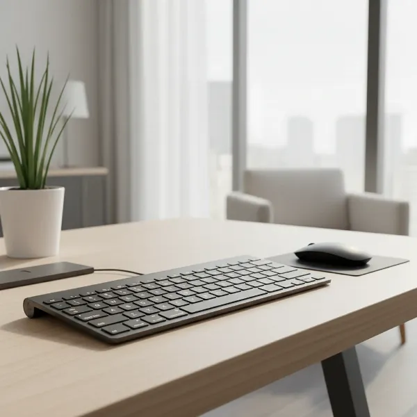 A sleek, minimalist wireless keyboard on a clean desk, surrounded by open space, with subtle lighting emphasizing its untethered nature. The background is a modern home office with a blurred window view.