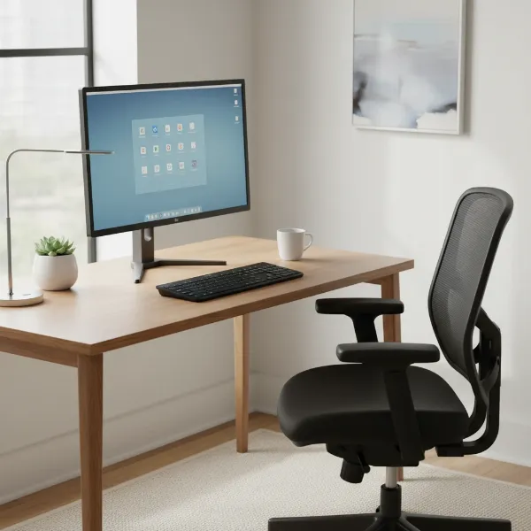 A minimalist home office desk featuring a sleek wireless keyboard, a modern monitor, and a comfortable chair, with natural light streaming in from a window.