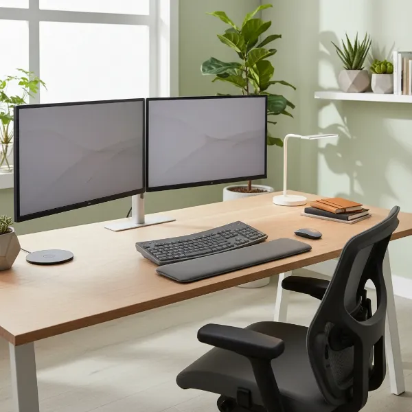 A minimalist multi-monitor workspace with a sleek, ergonomic wireless keyboard at the center.