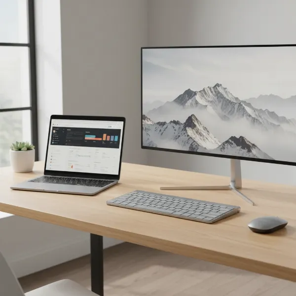 A modern, minimalist desk setup featuring a sleek wireless keyboard, a laptop, and a monitor, emphasizing a clutter-free environment and professional aesthetics.