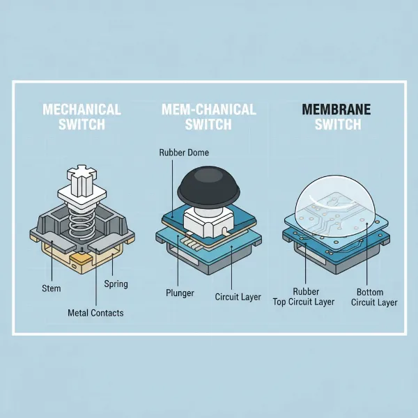 A close-up, cutaway illustration showing the internal mechanisms of different wireless keyboard switch types: mechanical, mem-chanical, and membrane. 
