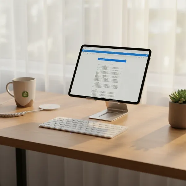 A sleek wireless keyboard paired with a tablet on a modern desk, highlighting productivity
