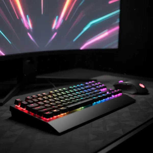 A high-performance wireless mechanical keyboard with vibrant RGB lighting, positioned on a modern gaming desk next to a gaming mouse and monitor, showcasing its integration into a dynamic setup.