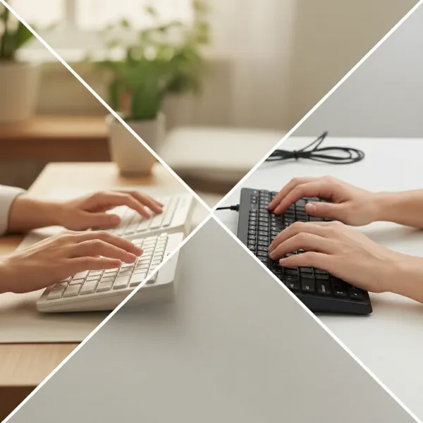 A split image showing a hand comfortably typing on a wireless ergonomic keyboard on one side, and a traditional, wired keyboard being used in a strained posture on the other side, highlighting the contrast.